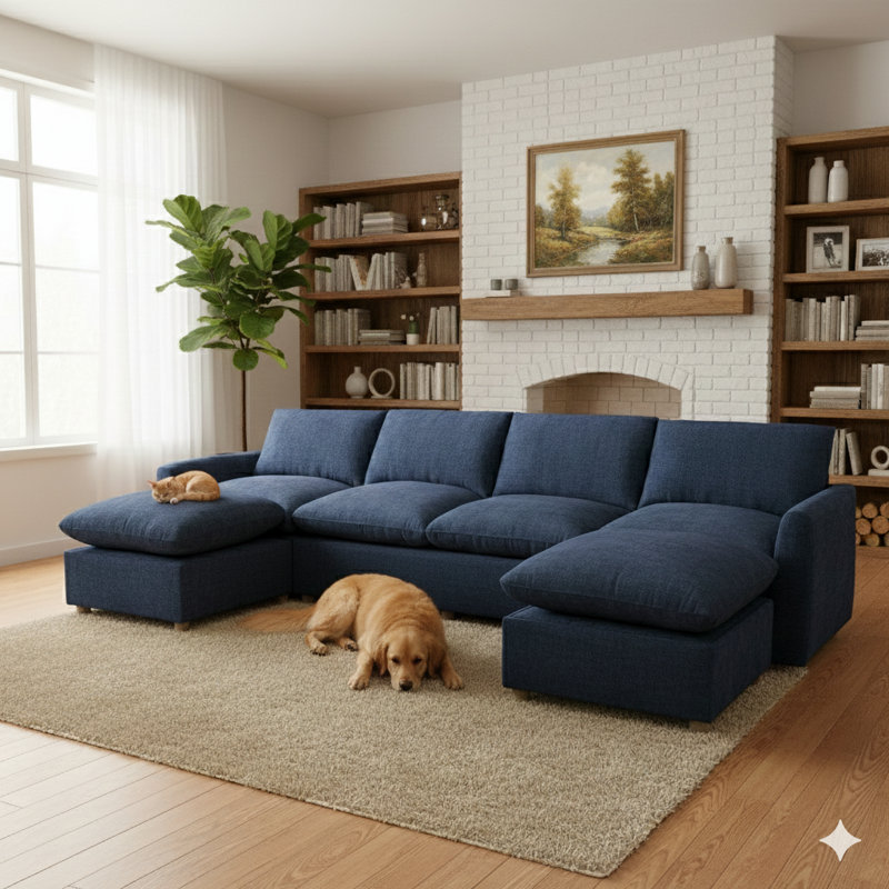 Ensemble de canapé modulaire de 129 pièces de 6 pièces avec 4 sièges et 2 repose-pieds de 129 po, Bleu