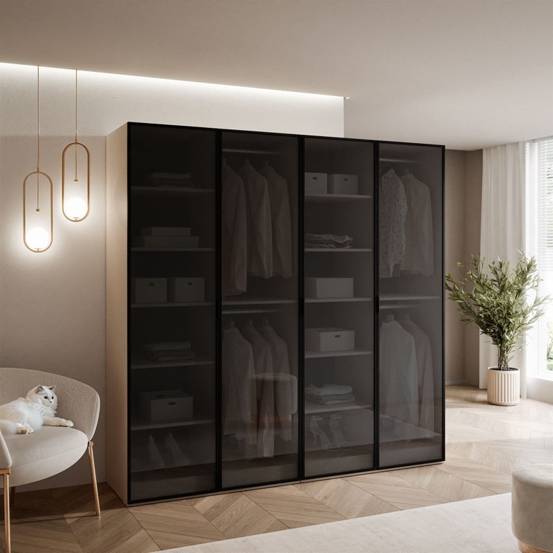 Manufactured Wood Wardrobe, Sandy Beige/Black Glass