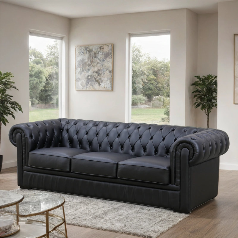 94" Genuine Cowhide Leather Chesterfield 3-Seat Sofa With European Buckle Details, Black