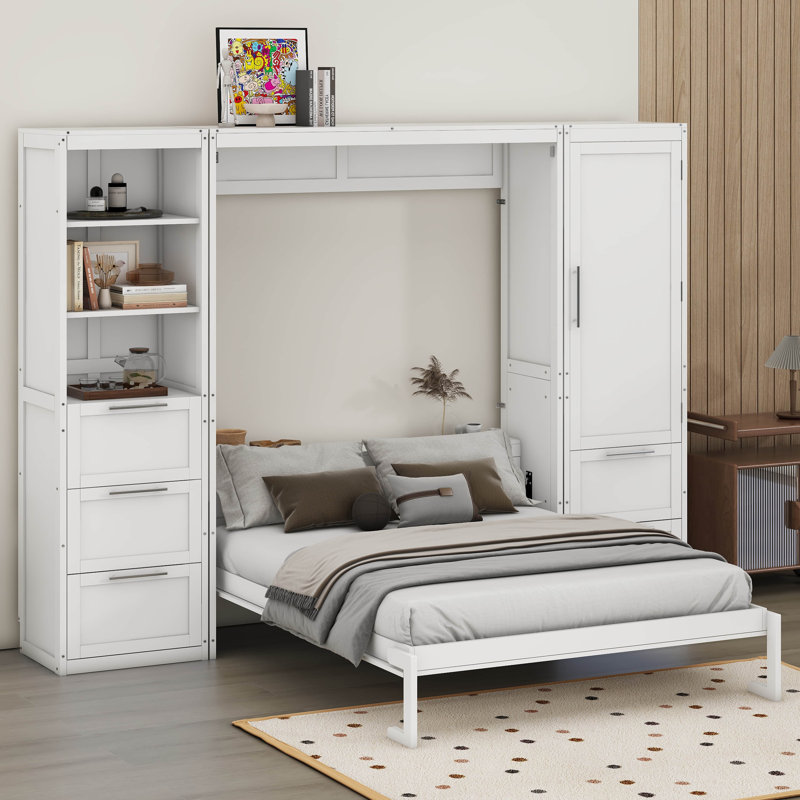 Grand lit escamotable avec tiroirs et tablettes, Blanc