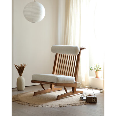 Nordic Style Solid Wood Linen‑Cotton Upholstered Harp‑Shaped High‑Back Accent Chair for Living Room.