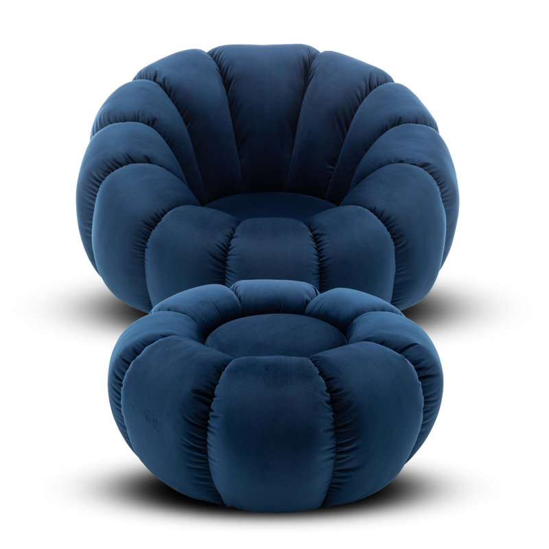 Roosa Upholstered Swivel Barrel Chair with Footstool, Blue