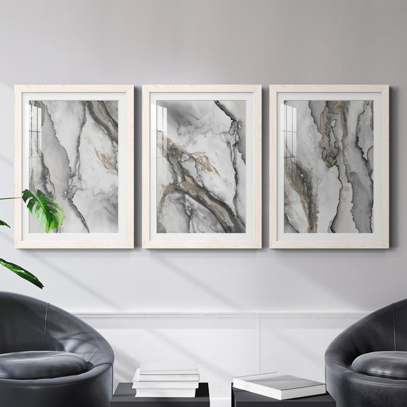 «Abstract Ink Fantasy I», ensemble de 3 reproductions encadrées, H 31,5 po x l 47 po x P 1,5 po, Blanc