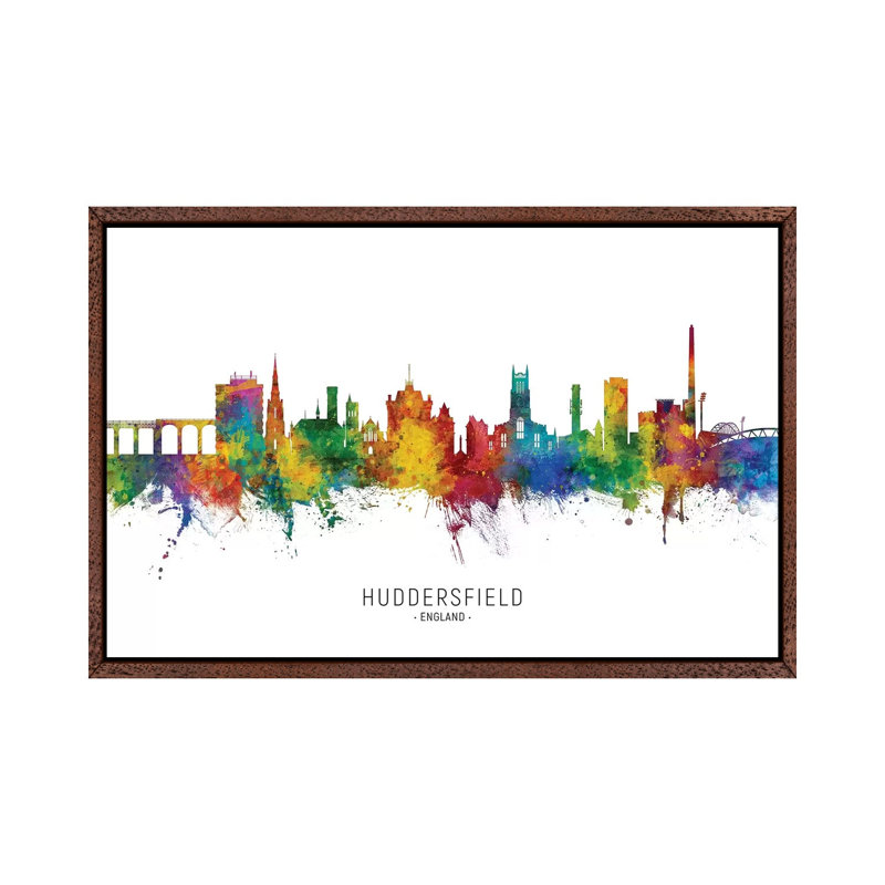 Huddersfield England Skyline City Name by Michael Tompsett - Print on Canvas, Classic Brown Wood Floater Framed