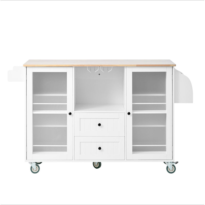 Mobile Kitchen Island Storage Trolley Cart On Wheels With Dropleaf Top, Towel/Spice Rack,2 Drawers, 2-Door Cabinet