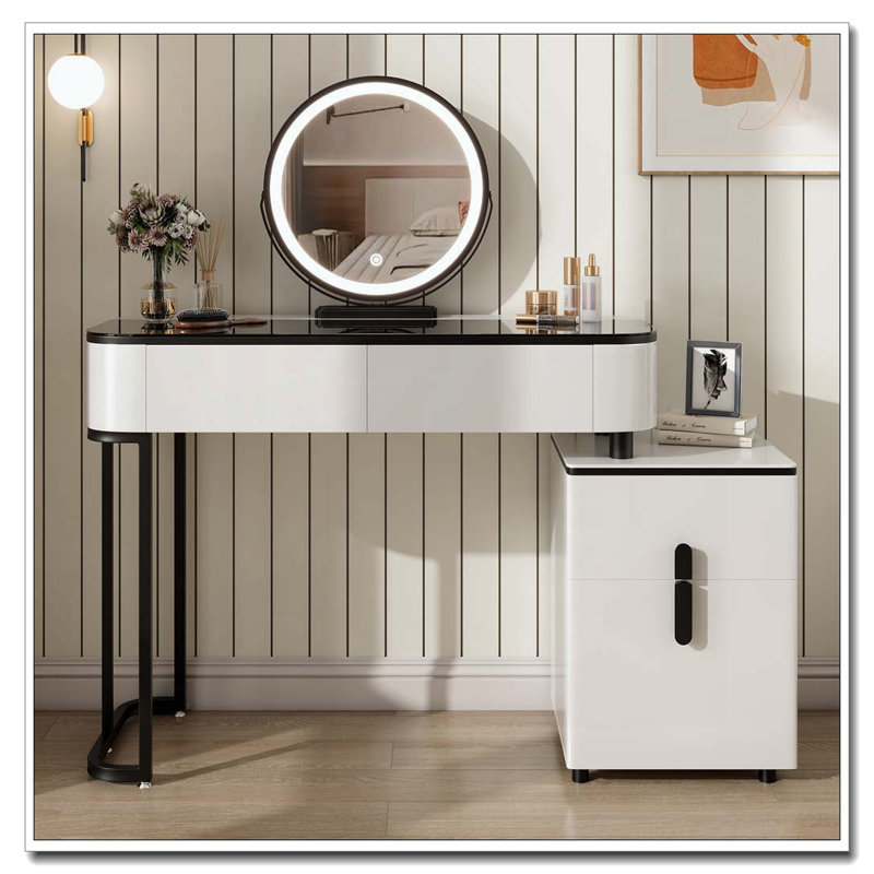 Modern Vanity Table with Tempered Glass Top, Adjustable Height Legs, Multi-functional Storage Cabinet and Round Mirror