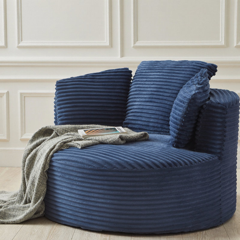 Fauteuil rond compressible en velours côtelé bleu avec dossier moelleux - Déballage instantané, confort moderne pour salon, bureau et appartement