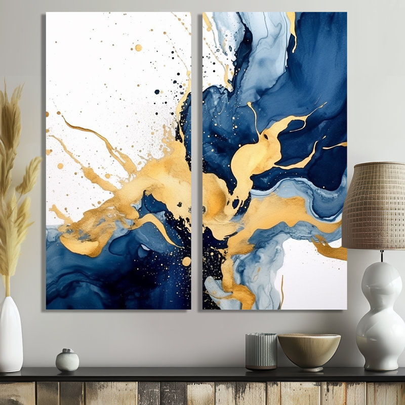 Art mural moderne bleu foncé et or II - 2 panneaux, 20" H x 24" W, Wrapped Canvas, Does Not Apply