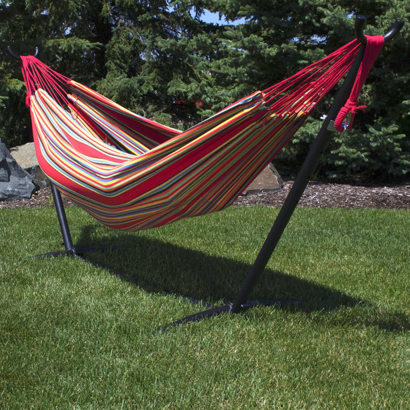 Hamac brésilien en coton tissé 2 personnes Hankins - Coucher de soleil, Rouge / orange / jaune / vert / mauve