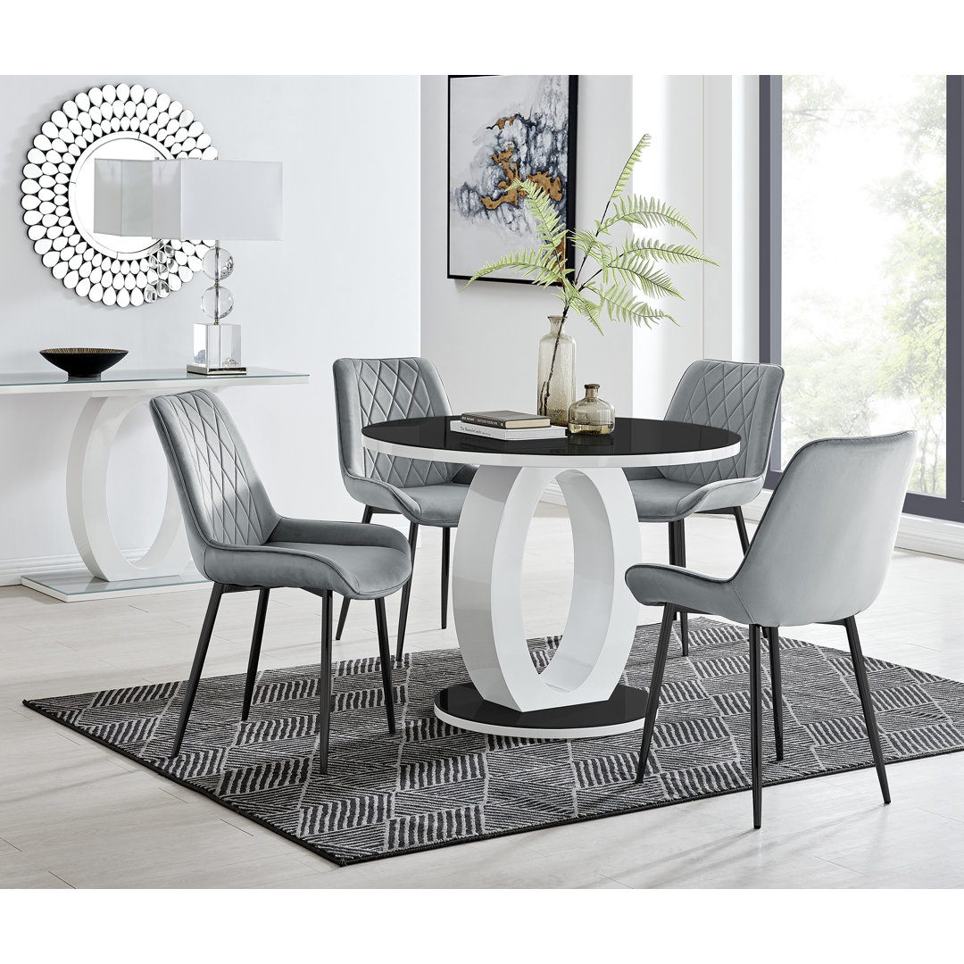 Scottsmoor 4 Seater High Gloss Round Dining Table Set with 4 Luxury Velvet Upholstered Dining Chairs East Urban Home Table Top 
