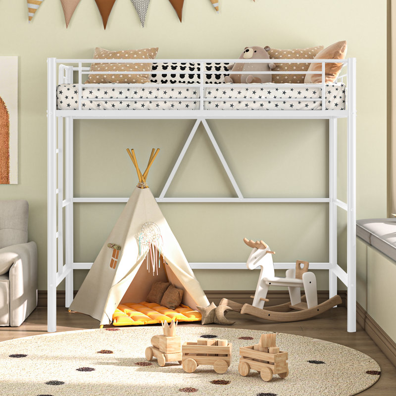 Metal Single Size Loft Bed, Metal Bed Frame with Removable Ladder and Safety Guardrail, Space Saving, White
