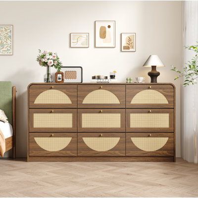 Commode 9 tiroirs avec façade en rotin, grande commode en panneau de particules, armoire de rangement moderne pour le salon de la chambre à coucher, structure robuste et grande capacité