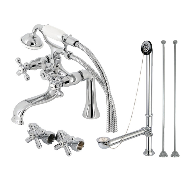 Ensemble de robinet de baignoire sur pattes à 3 poignées et 2 trous à fixation sur le comptoir avec conduit d'alimentation, douche à main et drain de baignoire Kingston
