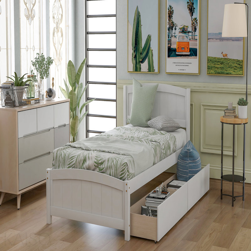 Lit plateforme simple avec deux tiroirs, blanc, Blanc
