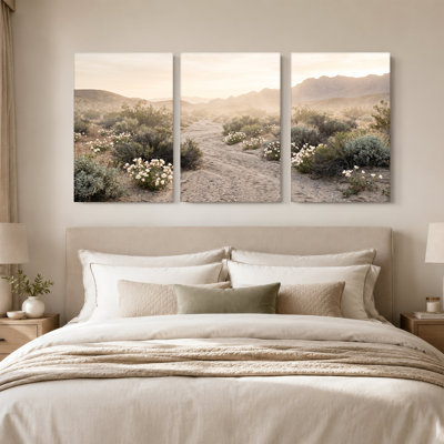 Desert Wildflowers on Sandy Trail at Dawn Set Of 3 Canvas Wall Art