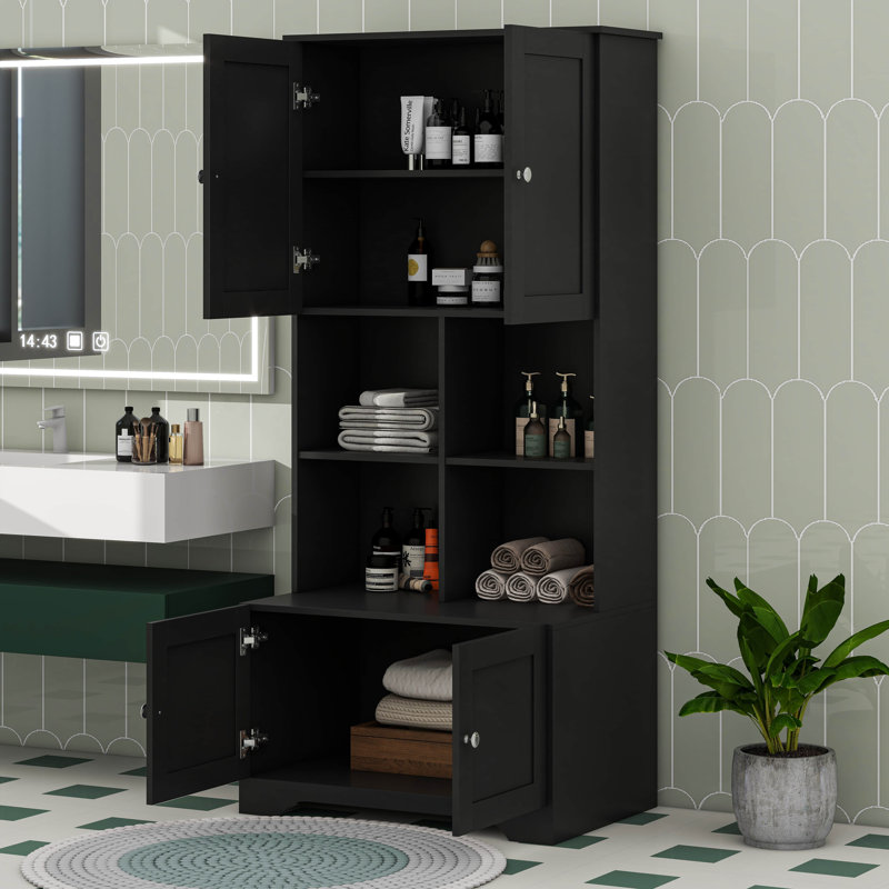 Unité de rangement pour salle de bain, armoire autoportante avec 4 portes, tablettes réglables, Noir