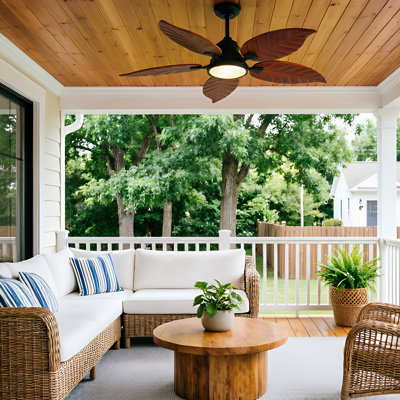 52" Tropical Solid Wood Ceiling Fan with Light &Remote – Palm-Leaf Design, Reversible Motor, Black Bronze Finish, Damp-Rated for Patio, Living Room & Covered Porches
