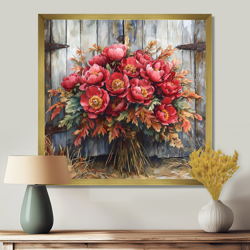Rustic Charm Peony Bouquet - pivoines, art mural, H 36 po x l 36 po, Picture Framed, Doré