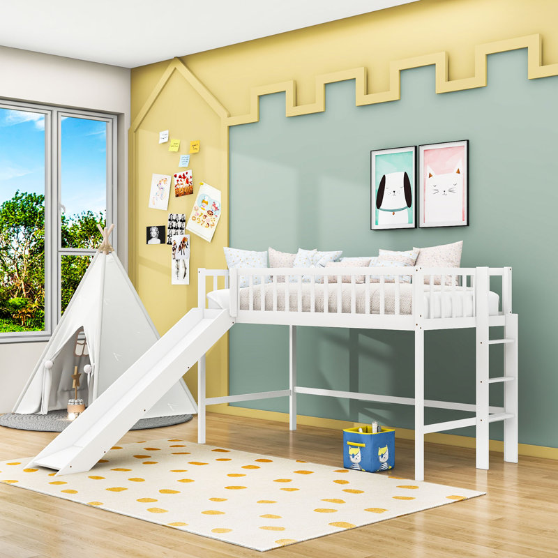 Lit mezzanine simple en bois avec glissade et échelle peu encombrante, Blanc