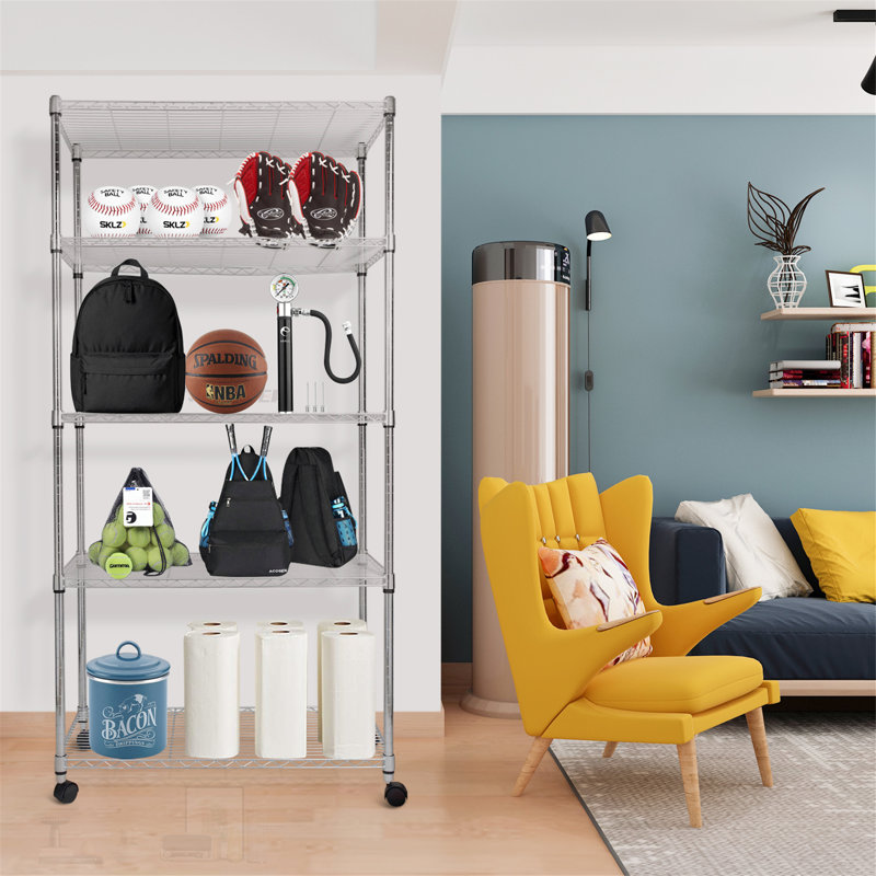 Étagère simple de luxe robuste à 5 tablettes avec roulettes et pieds réglables pour un rangement et une organisation polyvalents