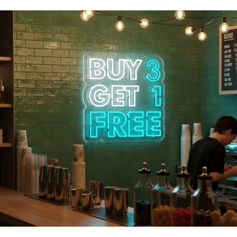  | Enseigne néon «Buy 3 Get 1 Free» | Comprend des tubes néon incassables durables qui émettent une lumière uniforme pendant plus de 50 000 heures sans scintillement ni gradation | 25 x 25 | Blanc et bleu