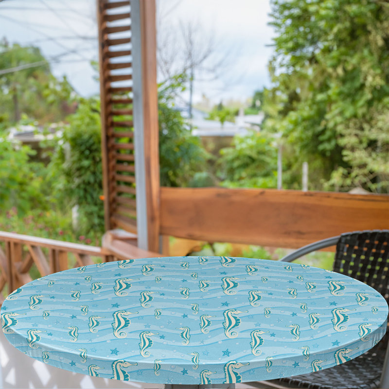 Bungalow Rose Aqua Fitted Round Tablecloth Diameter Pale Blue Teal Eggshell, 67.72" Round