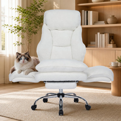 Criss Cross Chair with Footrest, Extra Wide Teddy Fleece Office Chair for Cross-Legged Sitting, 155° Reclining Desk Chair with Flip-Up Arms, Heavy Duty 400 lb Computer Chair, White