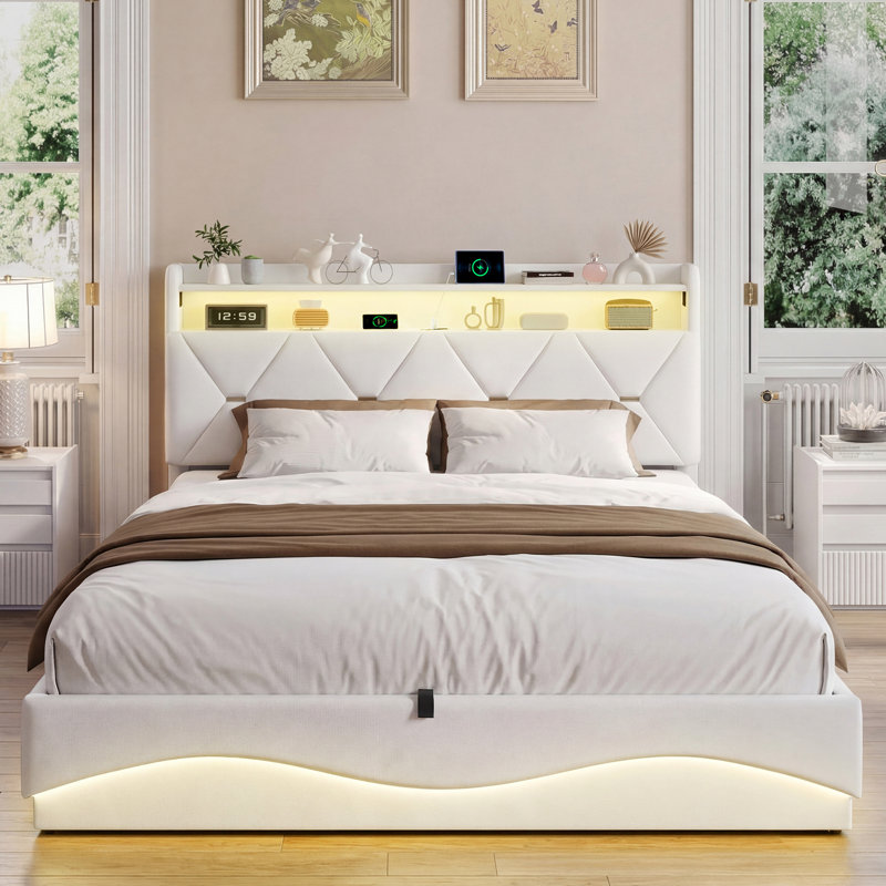 Upholstered Ottoman Storage Bed, Beige, European Kingsize (160 x 200 cm)