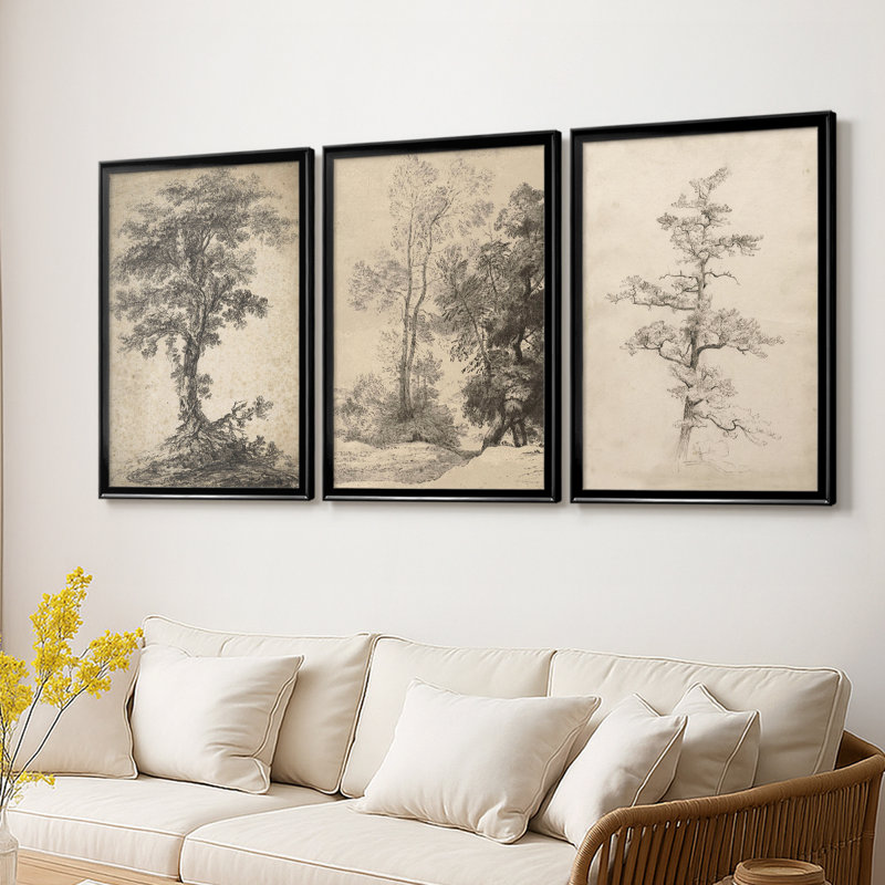 Croquis rétro C - Toile tendue avec châssis sur mesure - 3 pièces, Noir, H 21 po x l 30 po