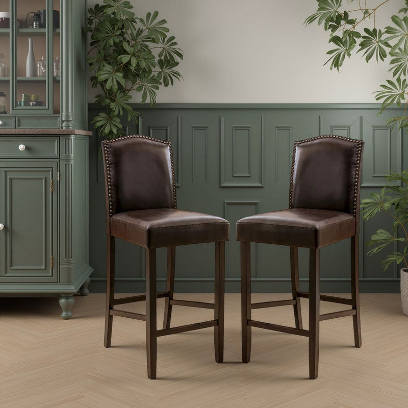 Ensemble de 2 tabourets de bar modernes en similicuir, pieds en bois d'hévéa, capacité de 300 lb?, Marron foncé
