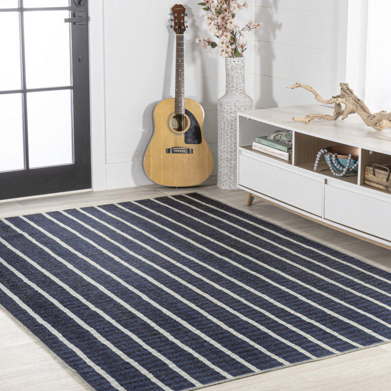 Rand Distressed Ticking Stripe Machine-Washable Navy/Gray Rug, Rectangle 2'11" x 5'