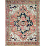 Hand Knotted Wool Oriental Area Rug in Red/Navy/Green/Blue