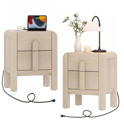 Adora Modern Wood Nightstand Set Of 2 With Drawers ,Curved Mid-Century End Table With Built-In Charging Station For Bedroom, Living Room,Entryway