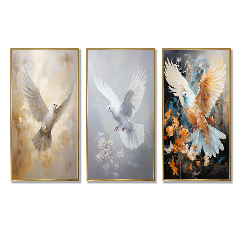 Ensemble de salon mural 4 pièces Tranquil Dove Harmony, Cadre flottant doré, H 28 po x l 36 po