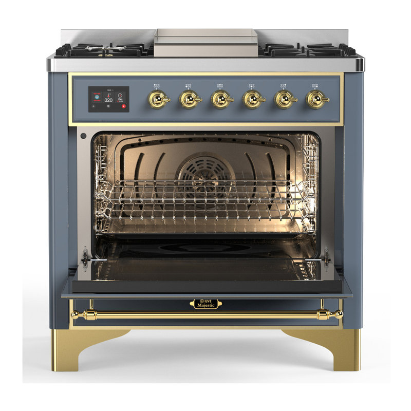 Majestic III Series 36 Inch Dual Fuel Range with 6 Sealed Burners, Griddle, in Glossy Black (Natural Gas, Brass Trim), Brass