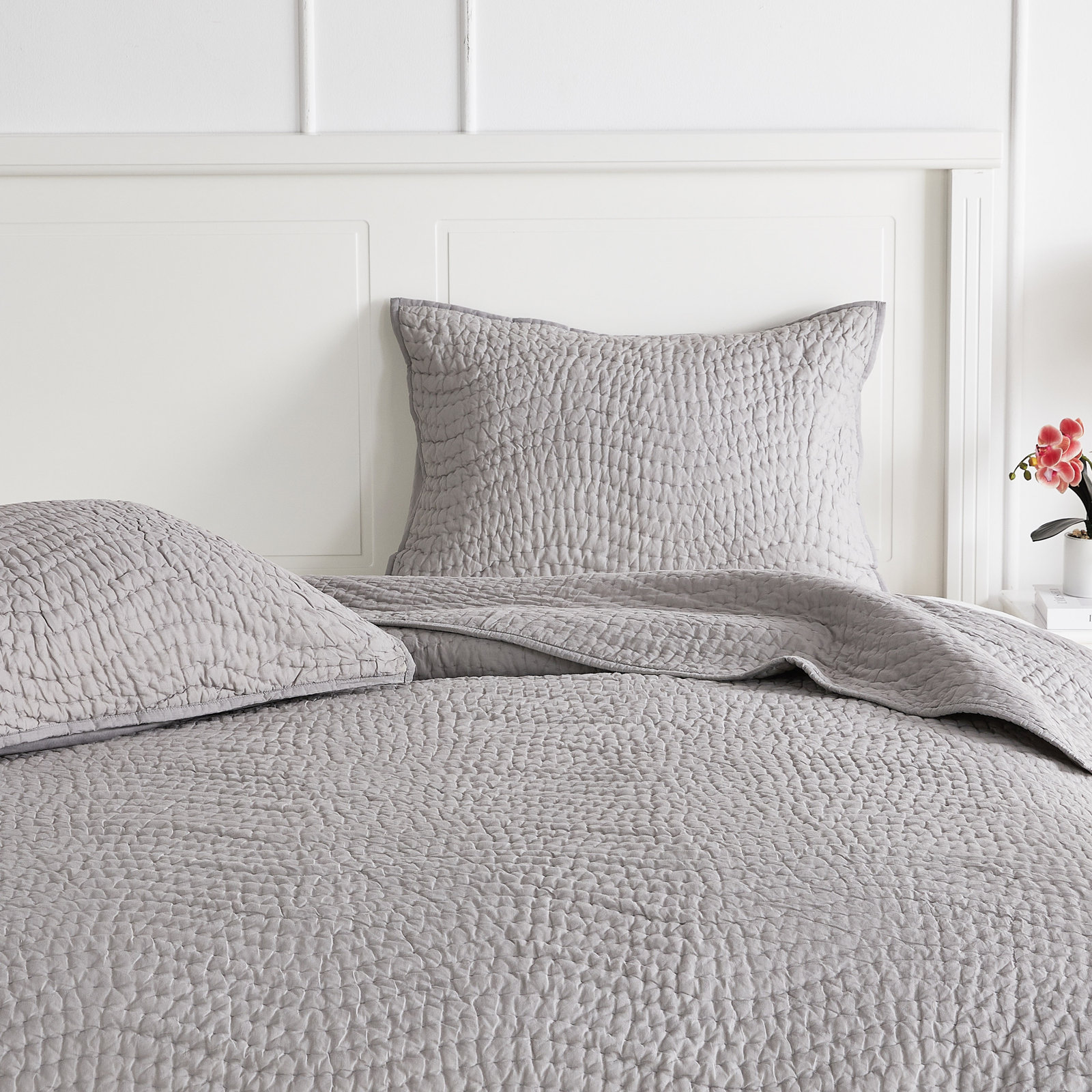 Voile Cotton Quilt Set, Twin Quilt + 1 Standard Sham, Silver