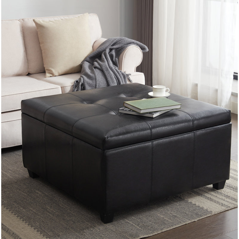 Amariyah Faux Leather Square Storage Ottoman, Black Faux Leather