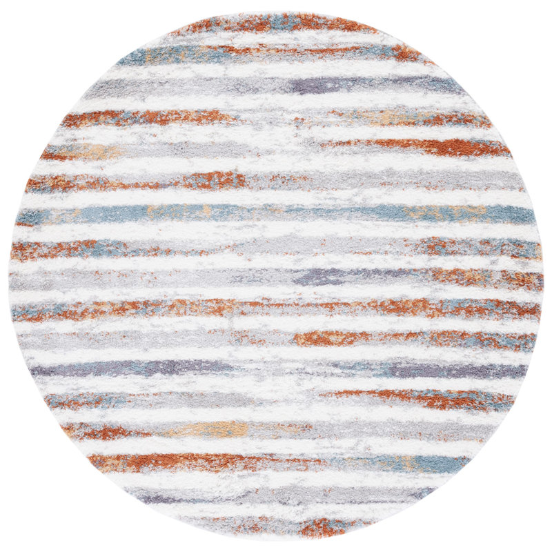 Joua Striped Blue Rust/Ivory Area Rug, Round 7'