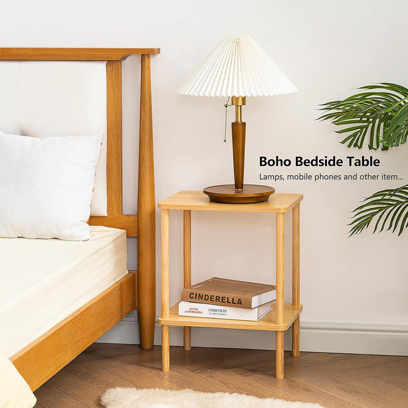 Ensemble de 2 tables de bout à 2 niveaux, petite table d'appoint avec pieds en bois massif, table de chevet Boho avec tablette de rangement, table de chevet pour les petits espaces, chambre à coucher, salon, entrée, assemblage facile, naturel