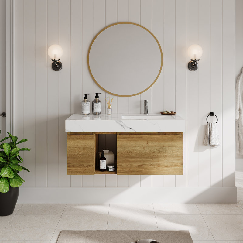 Meuble-lavabo mural moderne avec lavabo simple, lavabos flottants avec comptoir en pierre frittée Loubertha, 36", Blanc