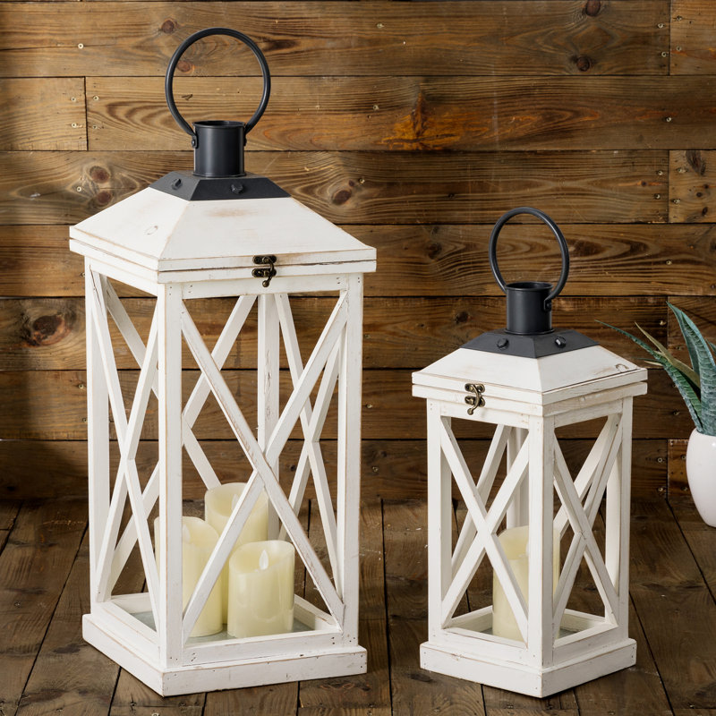 Wood and Metal Indoor and Outdoor Tabletop Lanterns (Set of 2), White