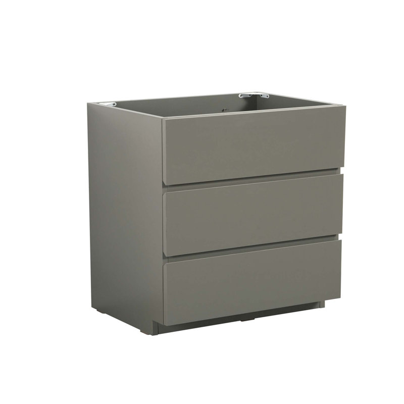 Élégant meuble-lavabo autoportant gris avec trois tiroirs, pré-assemblé pour un rangement et un style modernes., Gris