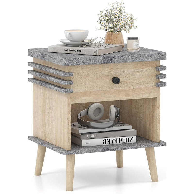 Table de chevet moderne, table de chevet à 3 niveaux avec tiroir, tablette ouverte et pieds en bois d'hévéa, table de bout avec canapé à blocs de couleur, table de chevet pour chambre à coucher, gris et naturel