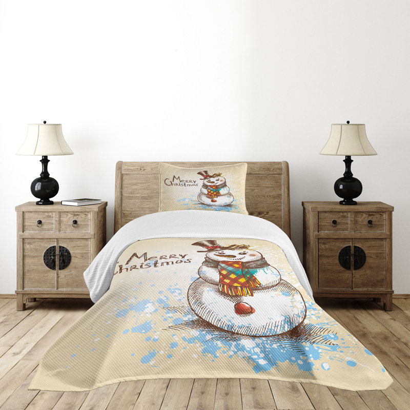 Twin White Polyester Snowman Bedspread Set for Kids