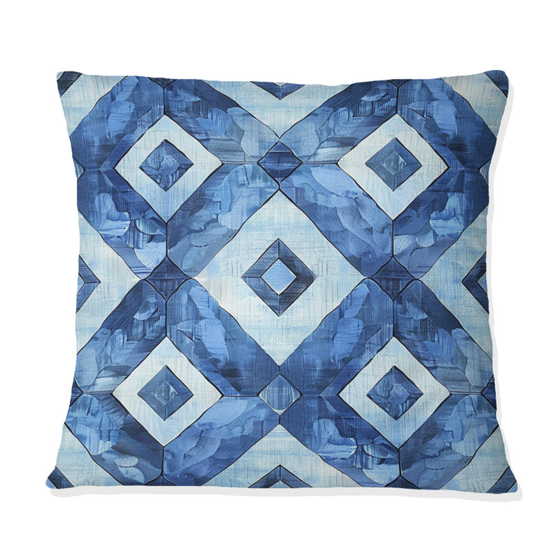 Coussin moderne bleu, blanc et treillis moderne I, H 16 po x l 16 po