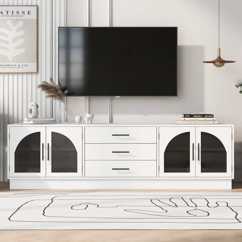 Marquala  TV Stand With Arched Glass Doors, 3 Drawers, 2 Cabinets With Adjustable Shelves, White