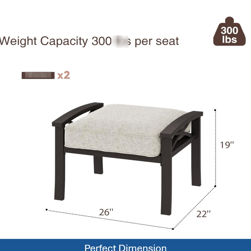 De 2 repose-pieds métalliques de 26 pouces de largeur avec cadre kaki et coussins beiges, repose-pieds multifonctionnels pour l'extérieur intérieur, cadre en acier rouille, repose-pieds à assemblage rapide en mousse haute, large