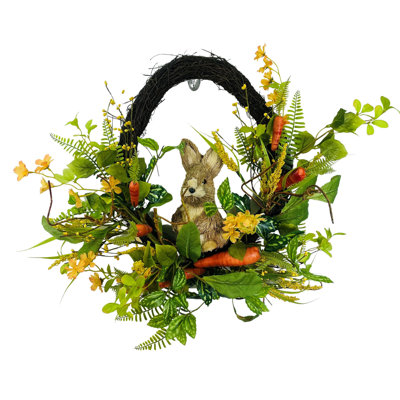 Couronne de brindilles 18 po Lapin avec carottes et fleurs sauvages