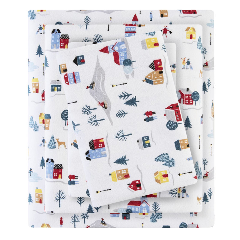Drap simple de 3 pièces présentant un imprimé village blanc, 100% flanelle de coton pour un sommeil réparateur, différents choix d'impression, contient un drap plat, 2 taies d'oreiller ajustées et ajustées, 12 po