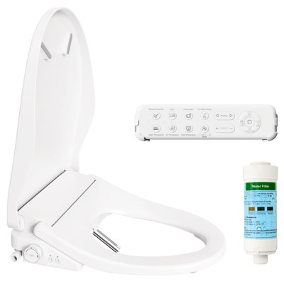 Siège de toilette Smart Bidet avec fonction de bouton latéral - chauffant, nettoyage automatique des buses, réglages d'eau réglables, fermeture silencieuse silencieuse, couvercle automatique, nettoyage contrôlé axé sur l'hygiène, assurance centrée silencieuse